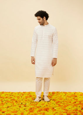 alt message - Manyavar Men Bright White Self Striped Classic Kurta Set image number 2